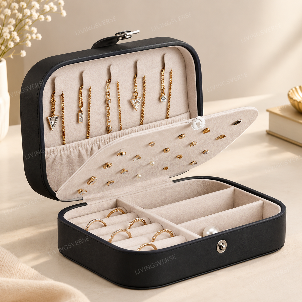 Jewelry Organizer Box for Women Mini Storage Case (Portable for Travel )  – Three Layers (Medium)
