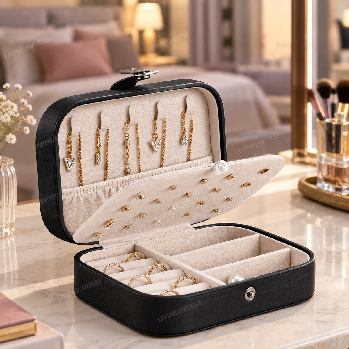 Jewelry Organizer Box for Women Mini Storage Case (Portable for Travel )  – Three Layers (Medium)